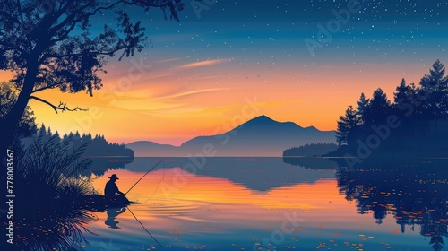 Peaceful Fishing Moment at Serene Lakeside Sunset © Digital Artistry Den