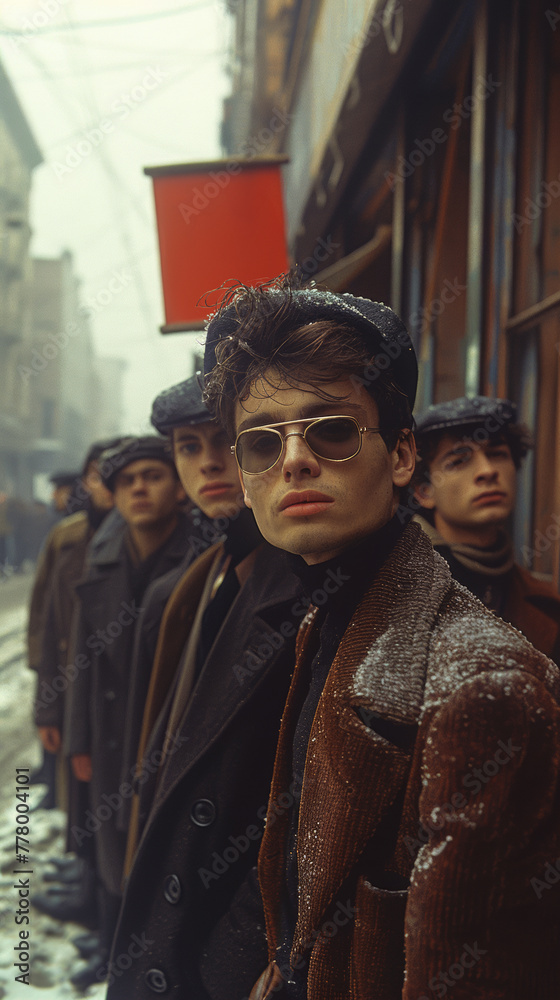 Amidst a Snowy Scene, a Young Man's Cool Demeanor Stands out as He Dons a Beret and Sunglasses, Exuding a 1950s Rebel Aura