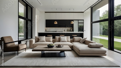 modern living room with fireplace Clean lines, sleek furnishings, and a neutral colour scheme characterise this modern minimalist home interior design, which has an open concept living area that is co photo