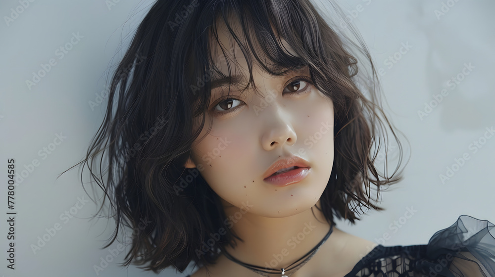 Japanese beauty, cute face, medium hairstyle, bob cut hairstyle, black transparent top with white background, bangs and necklace, makeup, skin care Japanese beauty, cute face, medium hairstyle, bob cut hairstyle, black transparent top with white background, bangs and necklace, makeup, skin care