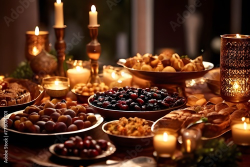 Ramadan Family Iftar  A Beautifully Set Table with Dates and Traditional Delicacies  Warm Candlelight