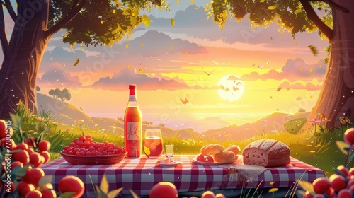Picturesque Picnic Spread at Idyllic Autumn Sunset Landscape with Bountiful Foods and Drinks