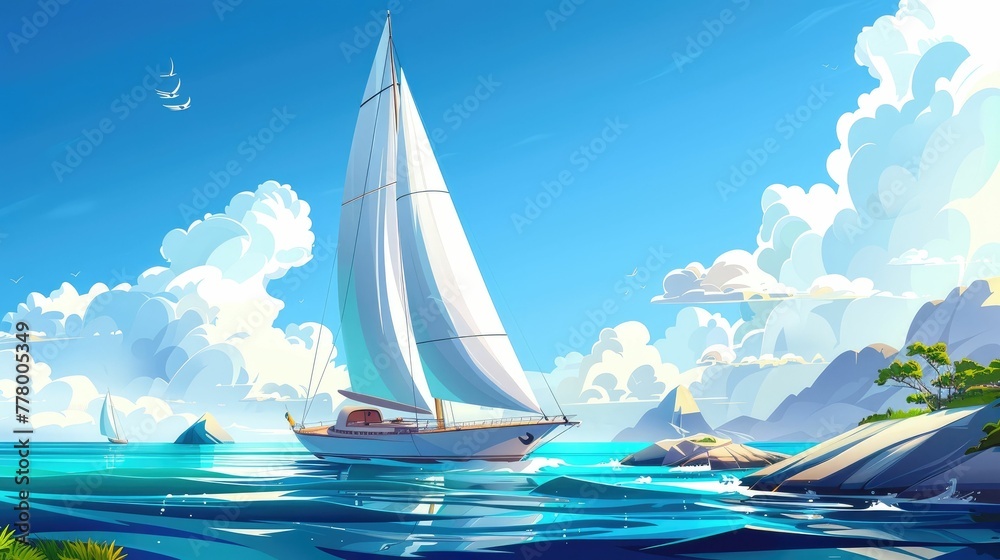 Serene Sailing Voyage Across Shimmering Oceanic Expanses Under Radiant Skies