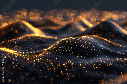 Beautiful black background with golden glitter. 3d rendering, 3d illustration,Abstract of Gold glitter particles magic bright sparks in wave motion © PX Studio