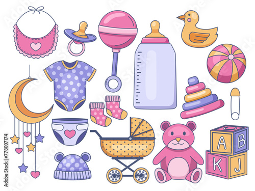 Set of illustrations featuring essential baby items and equipment, including diapers, bottles, clothes, strollers, and toys. Perfect for baby shower invitations, decorations, stickers, banners, etc