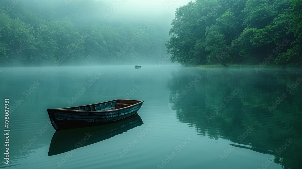 Fototapeta premium tranquil lake, with clear water reflecting the surrounding trees and a single boat floating