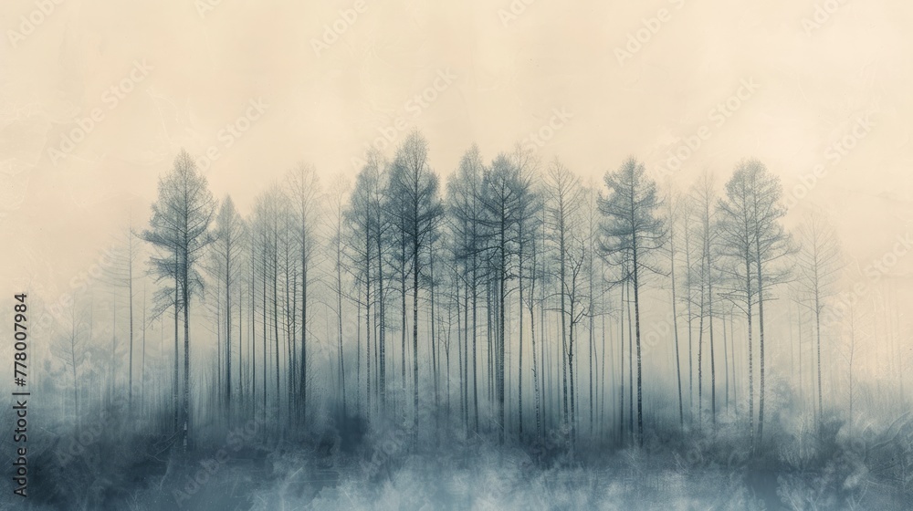 A minimalist photograph of a misty forest, with tall trees fading into the fog and a soft A minimalist photograph of a misty forest, with tall trees fading into the fog and a soft