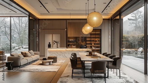 A minimalist dining area featuring a sleek table, modern chairs, and a statem...