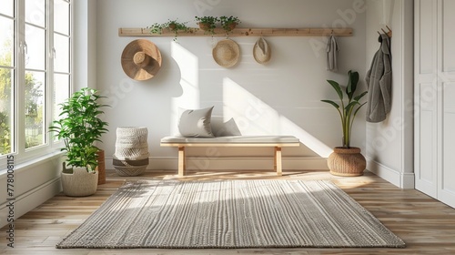 A minimalist entryway with a small bench, a few hooks for coats, and a minima...