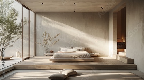 A minimalist bedroom with a platform bed, minimal decor, and a soothing color...
