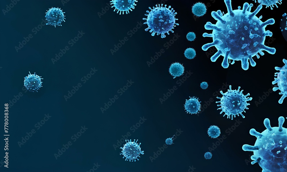 3D Spherical Viruses. microscope. Concept of viral infection, microbiology and virology. Virus background with copy space.｜3D球状ウイルス。顕微鏡。ウイルス感染、微生物学、ウイルス学の概念。 コピー スペースを持つウイルスの背景。 - obrazy, fototapety, plakaty 