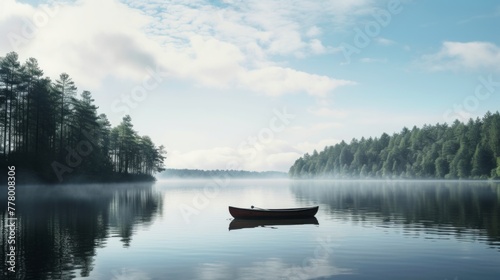 tranquil lake, with clear water reflecting the surrounding trees and a single...