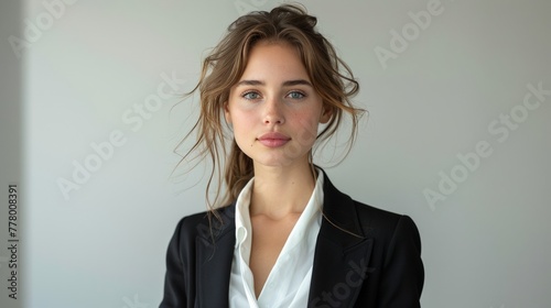 Woman in a Black Jacket and White Shirt