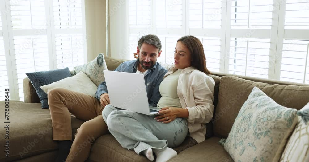 Pretty Portuguese couple sit on sofa with laptop, choose goods and gifts, making order, buying services remotely via marketplace websites, planning vacation, booking hotels enjoy leisure on internet Pretty Portuguese couple sit on sofa with laptop, choose goods and gifts, making order, buying services remotely via marketplace websites, planning vacation, booking hotels enjoy leisure on internet