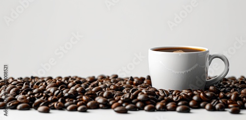 a cup of coffee in front of coffee beans