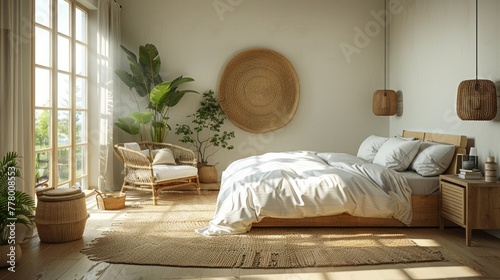 A cozy bedroom with minimalist Scandinavian design, featuring a white bed
