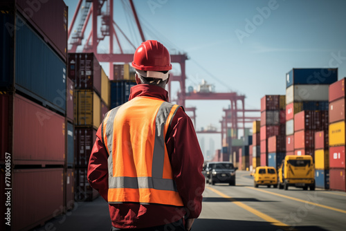 Dock Worker Supervising Cargo Containers. Generative AI