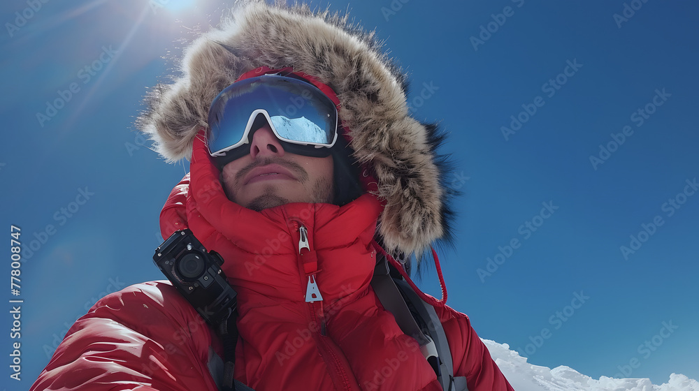Selfie of man in red jacket and fur hat on top of Everest with GoPro Selfie of man in red jacket and fur hat on top of Everest with GoPro