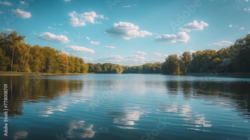 A minimalist composition of a tranquil lake, with calm waters reflecting the ...