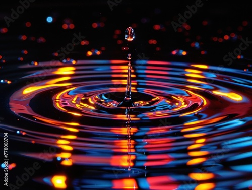 A single water drop cascades into a body of water, creating ripples