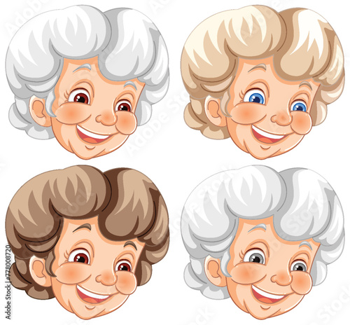 Four cheerful elderly ladies' illustrated portraits.