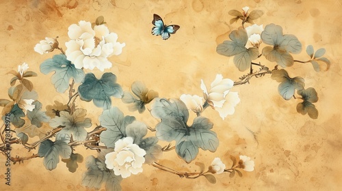 Vintage floral background with white flowers and blue butterfly on aged paper. Perfect for invitations or cards.