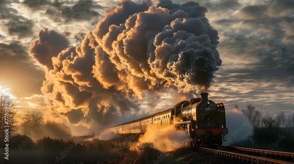 The steam engine's billowing smoke forms an elegant plume as it chases after the train - obrazy, fototapety, plakaty 