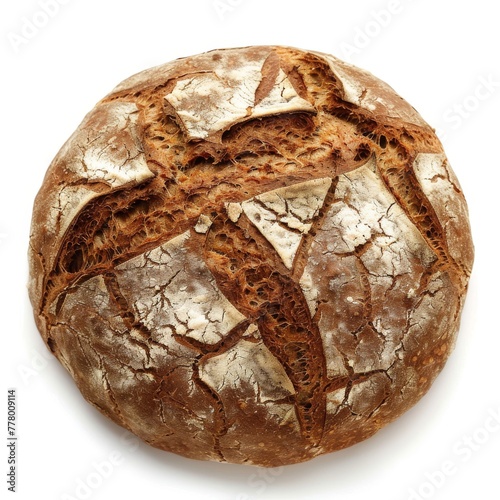 Freshly baked artisan sourdough round bread with notches isolated on a white background