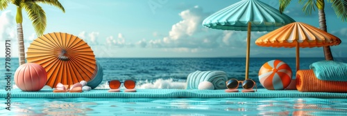 Chic beachside setup with a striped umbrella, lifebuoy, beach ball, sunglasses, and towels against a vibrant turquoise backdrop, inviting relaxation and holiday vibes. photo