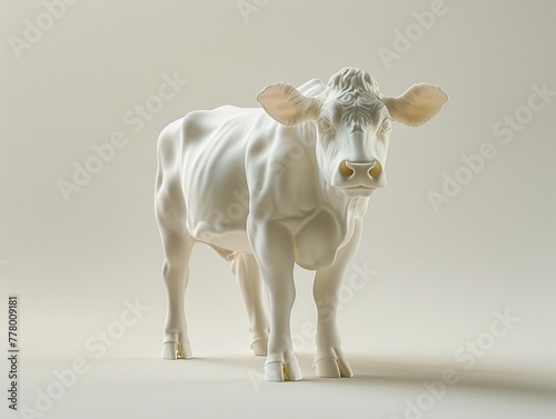 3D cowshaped milk glass, full, on white, subtle shadow beneath, highangle shot ,professional color grading photo