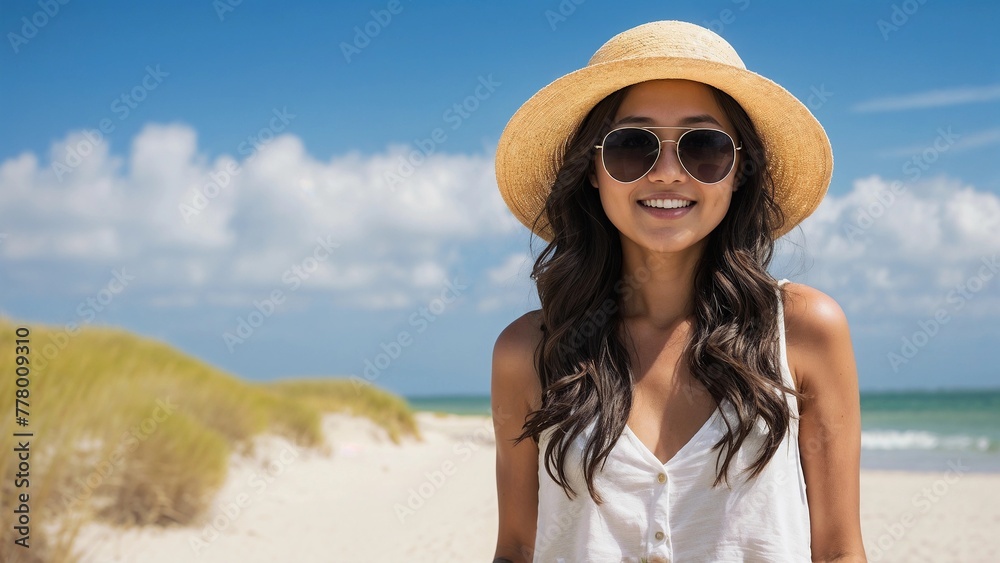 Happy Asian Tourist Woman's Coastal Adventure