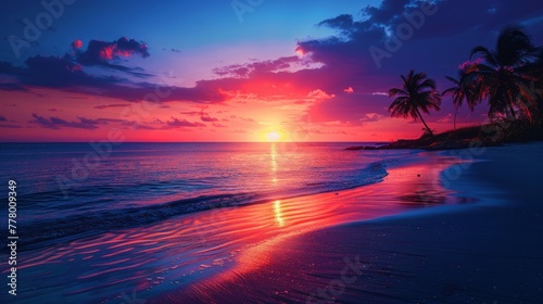 Sunset on Tropical Beach With Palm Trees