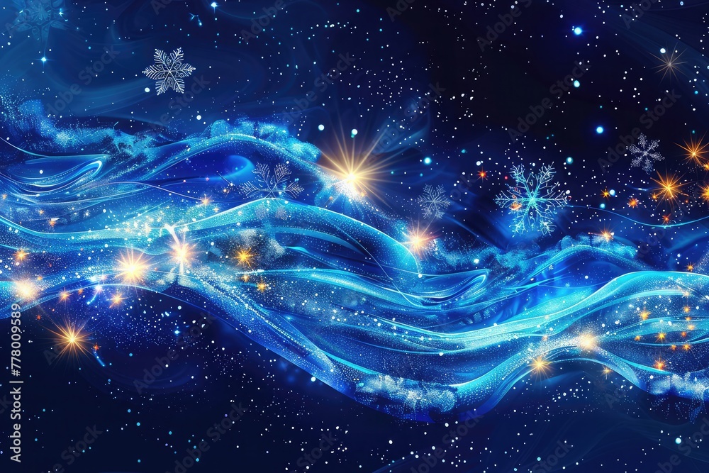 Fantastic wave design with snowflakes and glowing stars,snowfall and stars on flash light rays backgrounds. dreamy winter weather theme,glowing background with stars

 - obrazy, fototapety, plakaty 