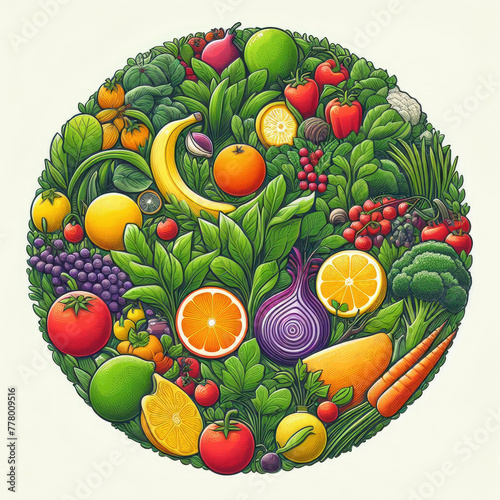 A colorful illustration variety of fruits and vegetables in a circle
