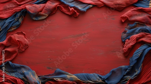 Red, Blue, and Yellow Fabric Circles on Red Surface