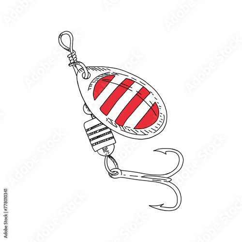 Fishing hook wobbler vector illustration tackle. Metal fly gudgeon spinner lure feeding. Bait minnow line drawing. Ink silhouette. Spoon angler tool black outline 