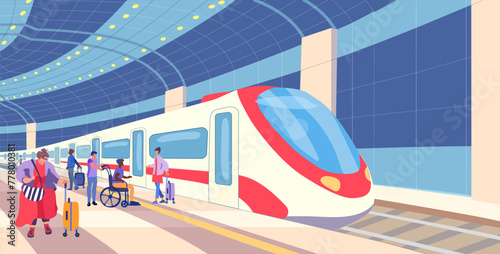 Train station in the evening. Passenger carriages on a platform with people. Inclusion human. Fat woman. Waiting passengers with luggage. Meeting people. Vector illustration