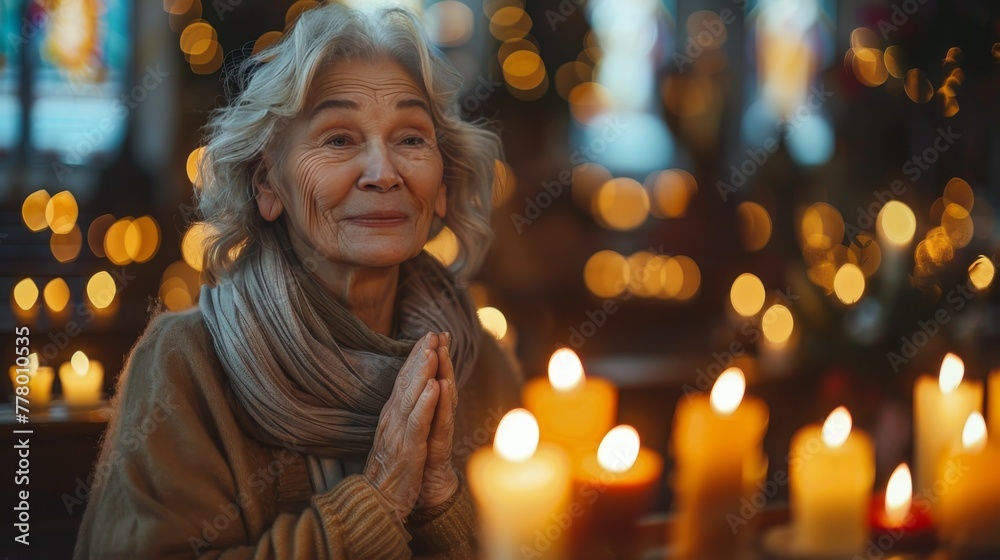 Older Woman Standing in Front of Candles