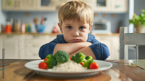 A child sitting at the table with his arms crossed photo