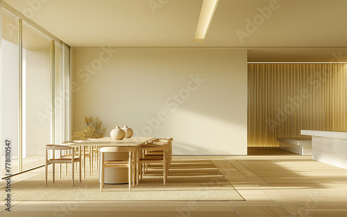 Interior of modern dining room with yellow walls, tatami floor and wooden dining table. 3d rendering