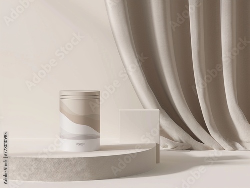 Minimalist cosmetic product display with elegant drapery and soft neutral tones for luxury branding.