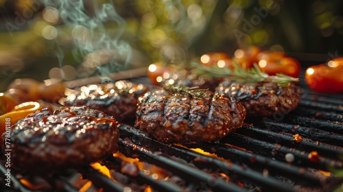 Steaks and Tomatoes Grilling on a Grill