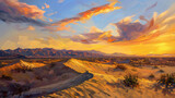 Digital Oil Painting of Desert Sunset Landscape with Dynamic Skies