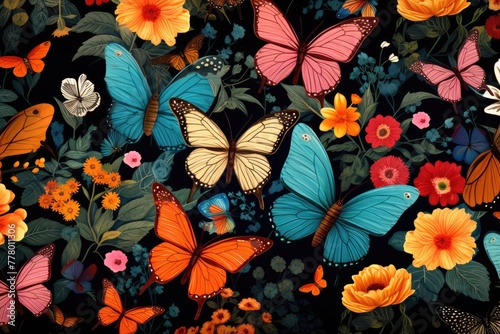 Butterflies background, A pattern of butterflies against a floral backdrop AI generated © Tanu