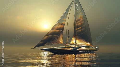 In the frame, a satellite schooner radiating dazzling sunlight, its sleek metallic hull reflecting the golden glow of the sun, delicately showcasing the ship's elegant design