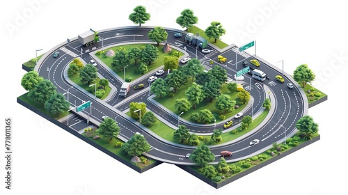 isometric map fragment, 3d perspective, highway road traffic, MBSE model, cross section, white background photo