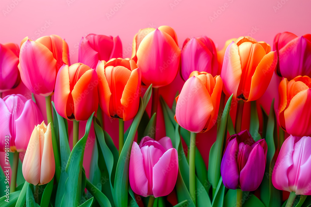 Fresh spring tulip flowers as a holiday postcard design color background with space for text Fresh spring tulip flowers as a holiday postcard design color background with space for text