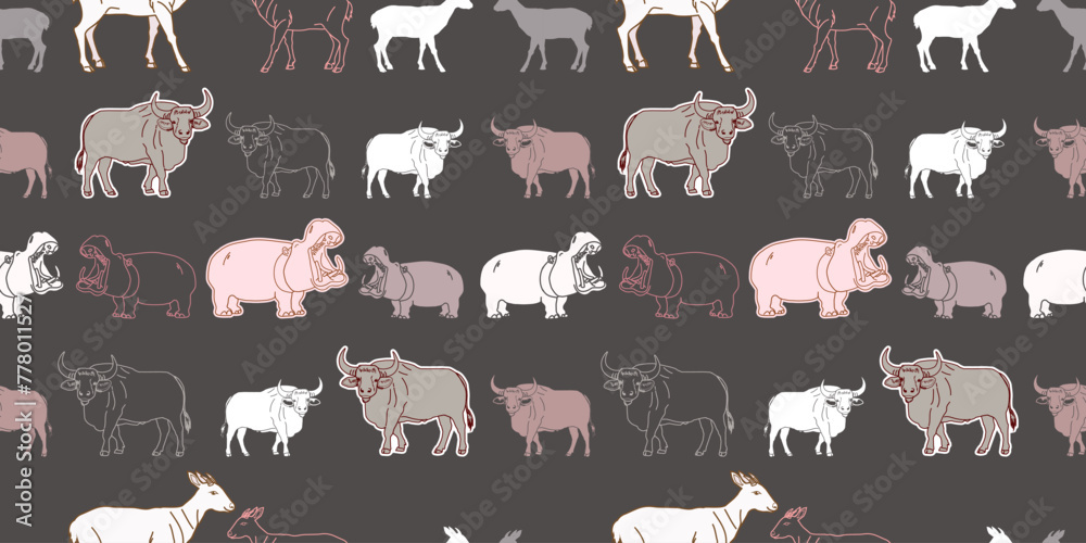 Vector seamless pattern with hippo Goral bull. Can be used for, wallpaper, pattern fills, web page background, surface textures - obrazy, fototapety, plakaty 