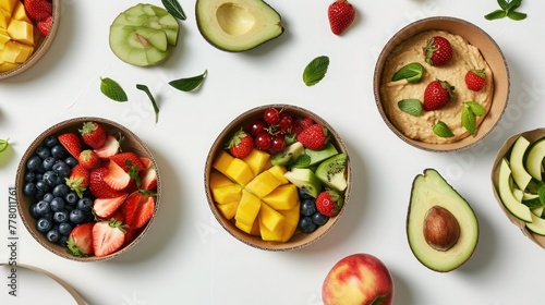 A delightful array of mangoes  strawberries  apples  and avocados on the dining table  perfectly peeled for easy enjoyment                  Fresh and ready to indulge in a healthy feast   FruitfulDelights