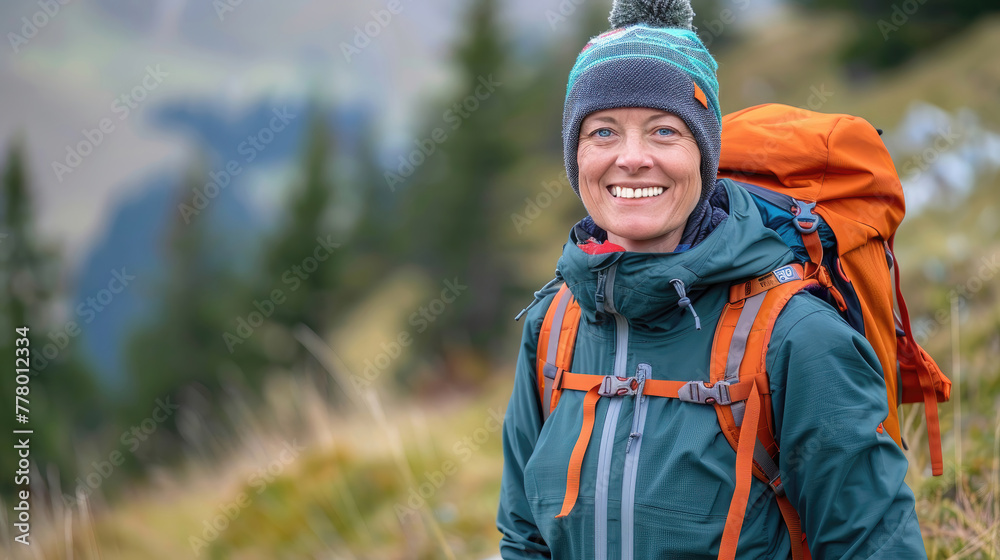 A woman is smiling and wearing a green jacket and orange backpack A woman is smiling and wearing a green jacket and orange backpack